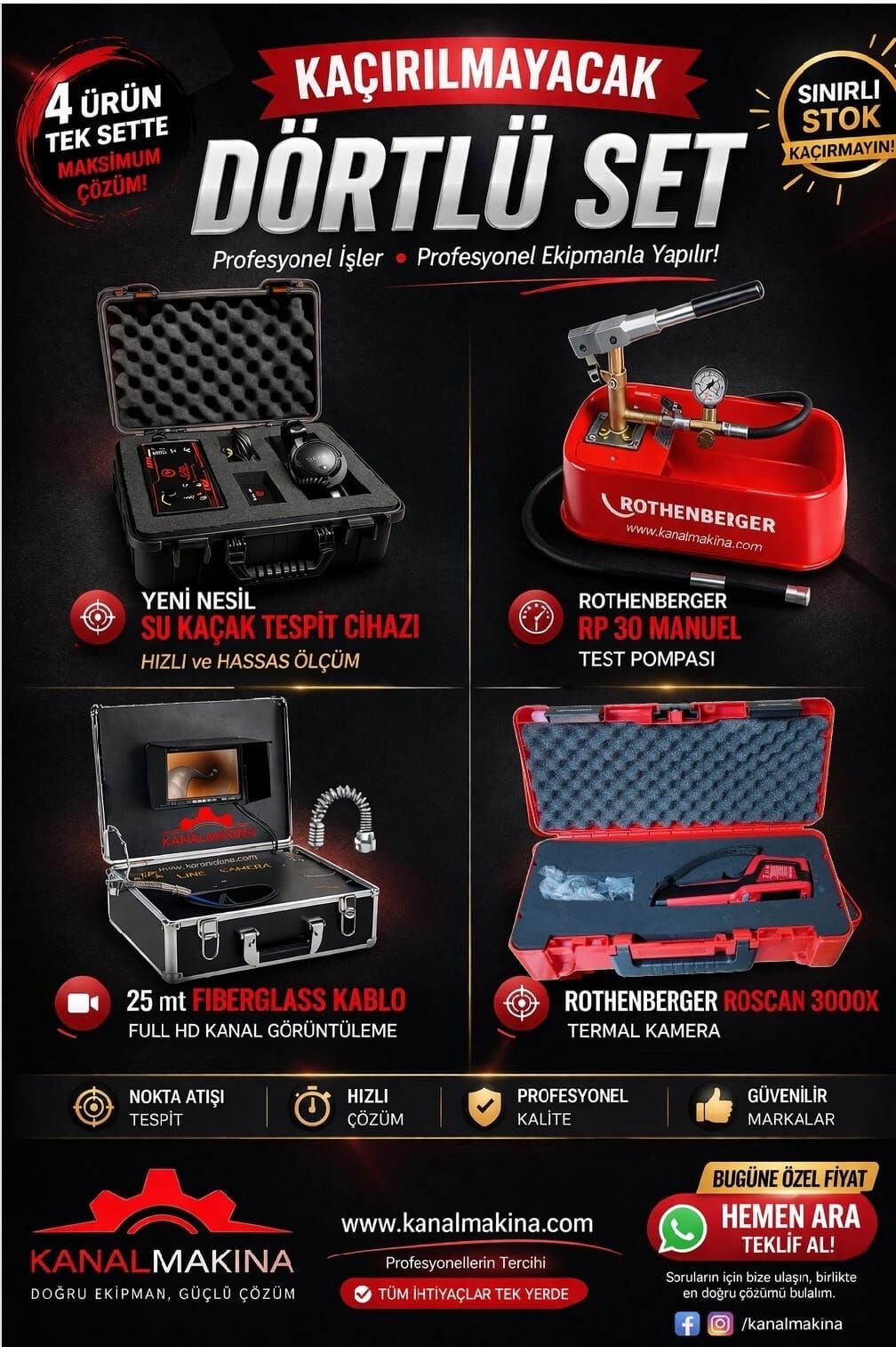Dörtlü Set Kampanyası Kanal Gözlem Dinleme Cihazı Termal kamera Test Pompası