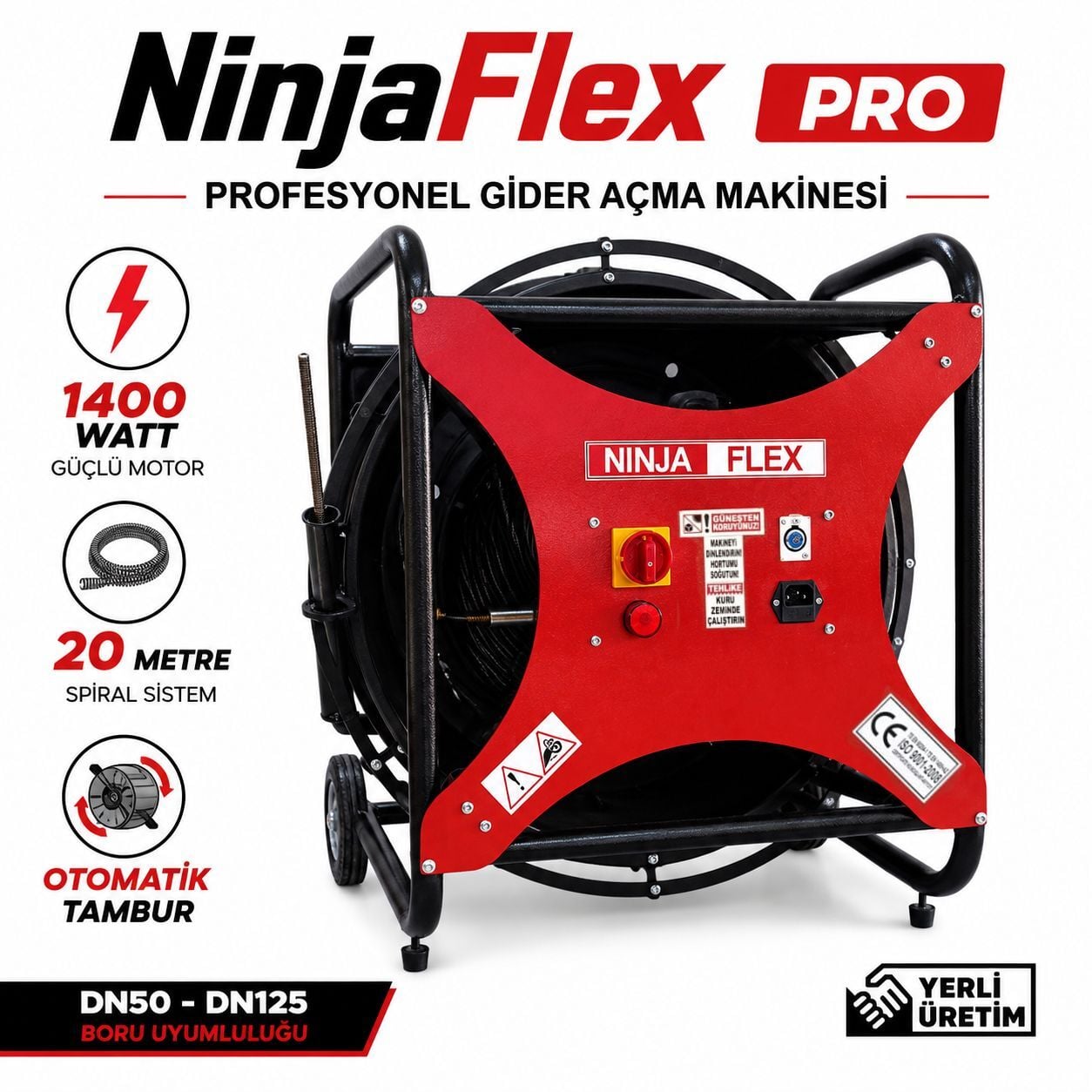 Ninjaflex PRO Profesyonel Gider Açma Makinesi 20 Metre Otomatik Tamburlu